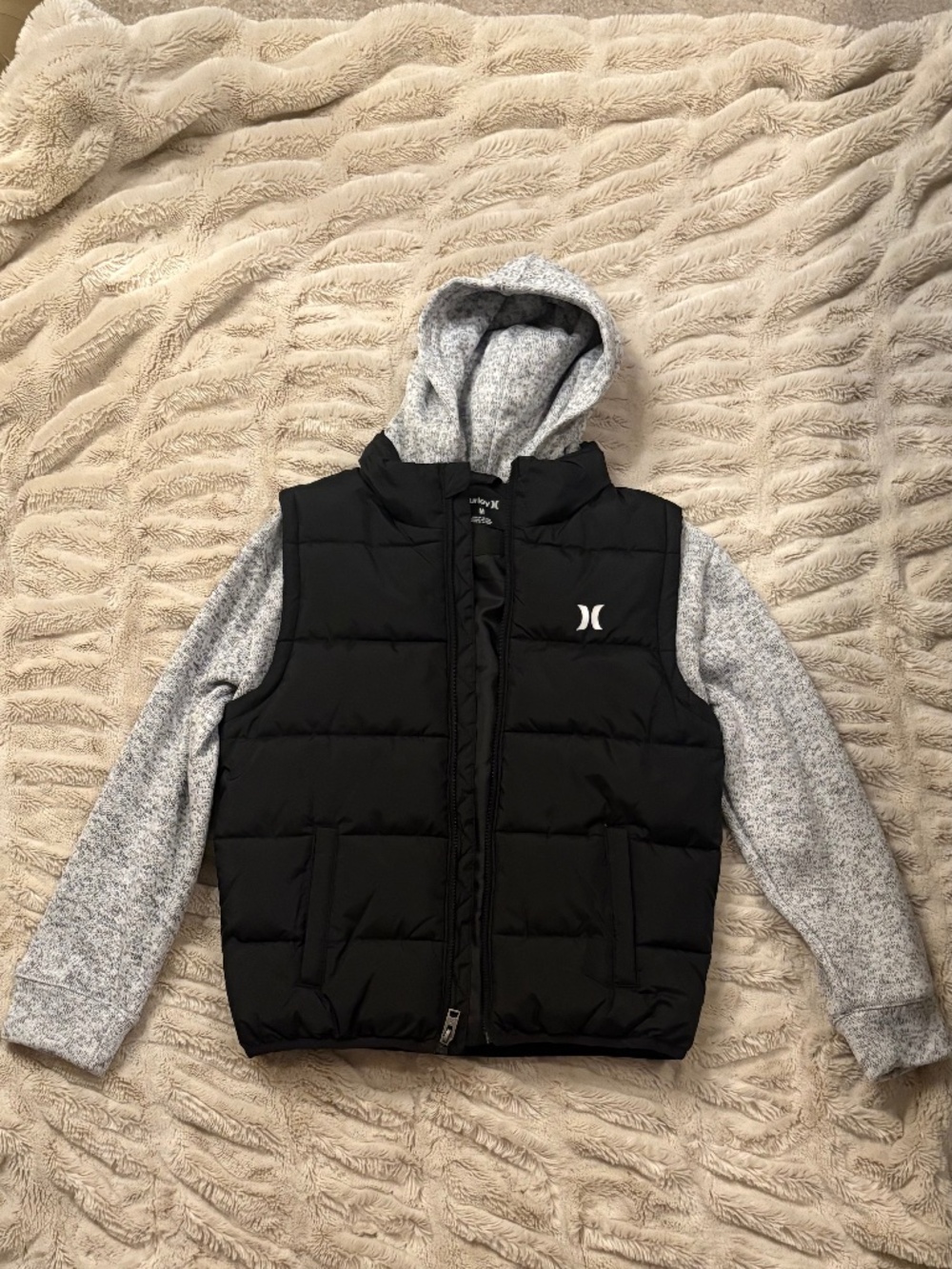 Hurley Kids Boys Contrast Twofer Puffer Jacket Black Gray Size Medium